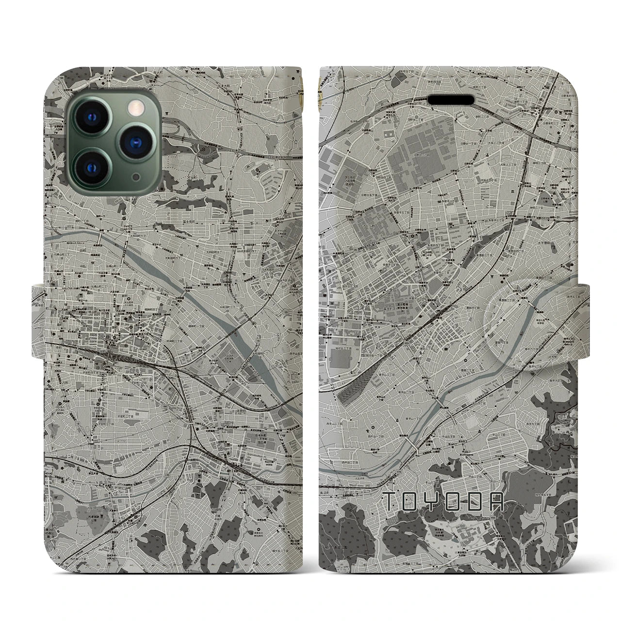 【豊田(東京都)】地図柄iPhoneケース(手帳タイプ)モノトーン・iPhone 11 Pro 用