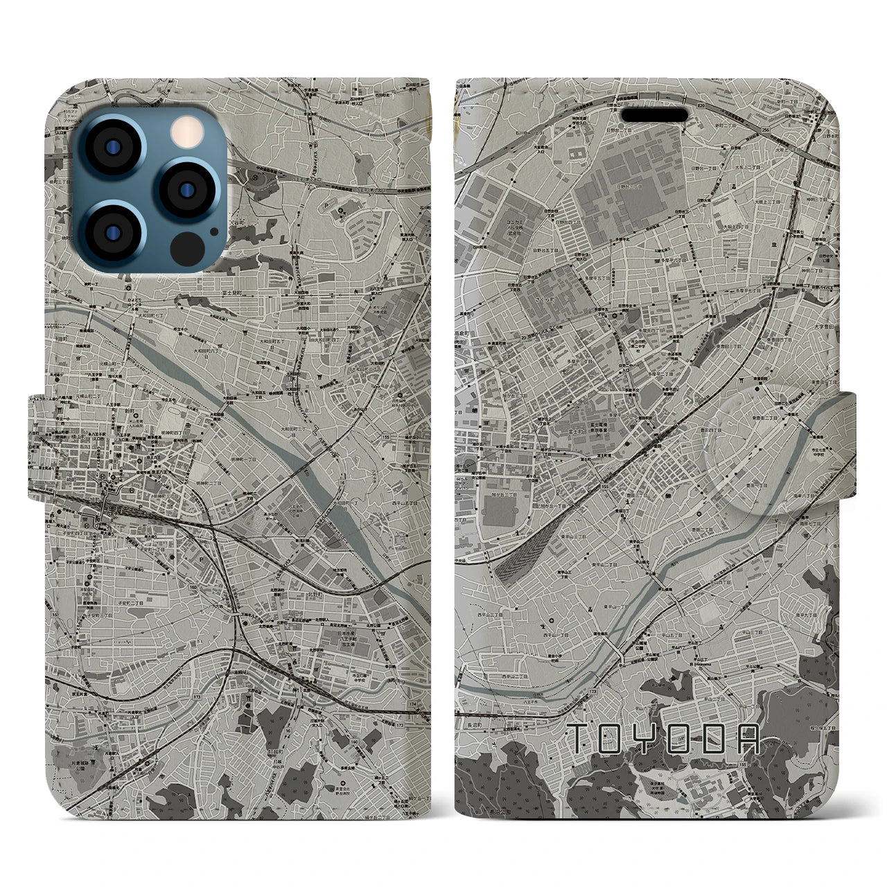 【豊田(東京都)】地図柄iPhoneケース(手帳タイプ)モノトーン・iPhone 12 / 12 Pro 用