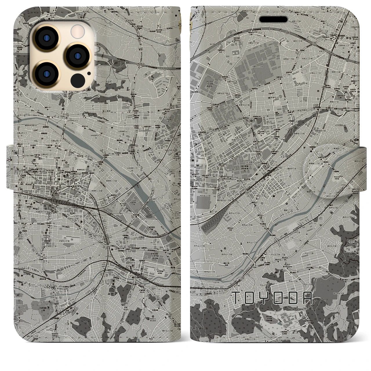【豊田(東京都)】地図柄iPhoneケース(手帳タイプ)モノトーン・iPhone 12 Pro Max 用