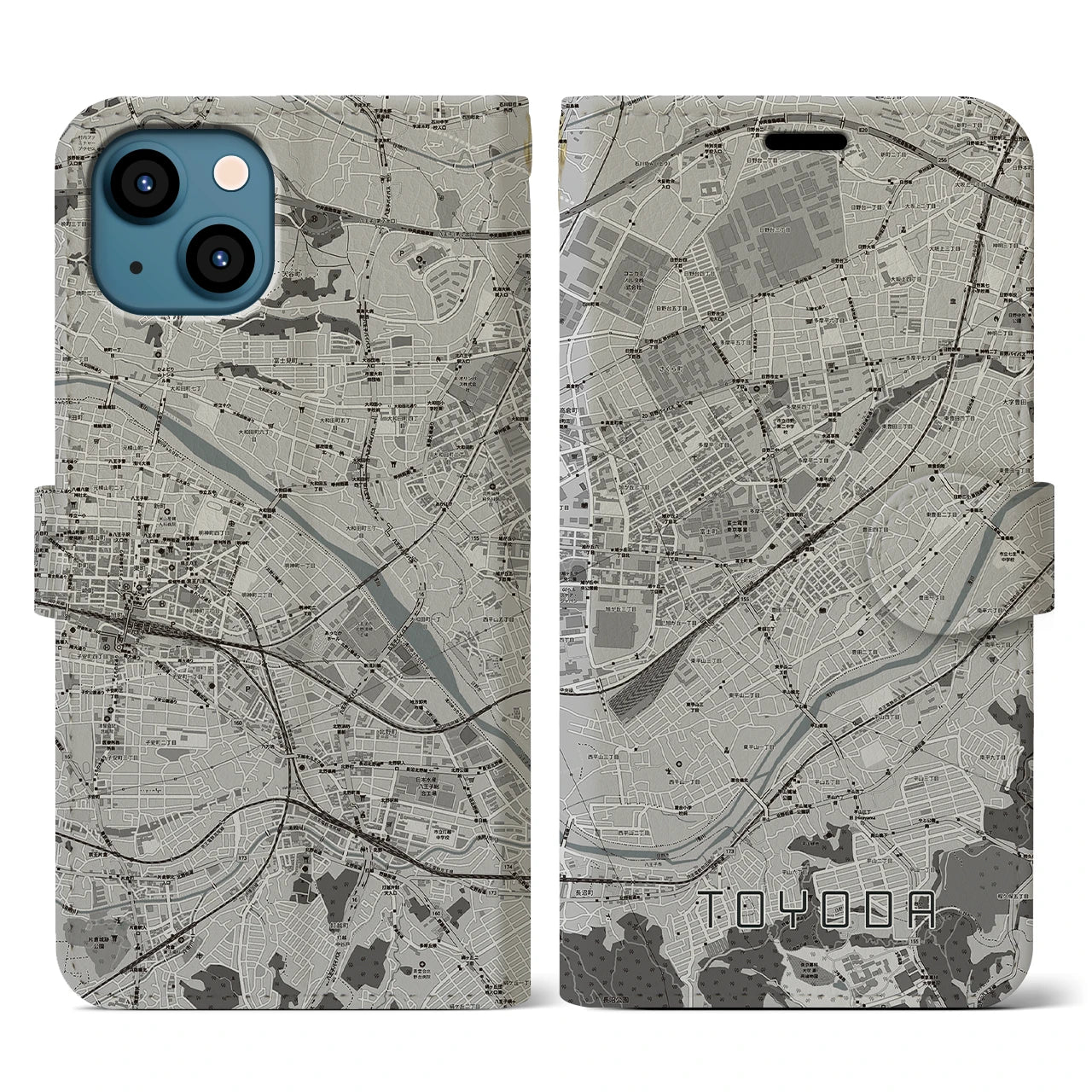 【豊田(東京都)】地図柄iPhoneケース(手帳タイプ)モノトーン・iPhone 13 用