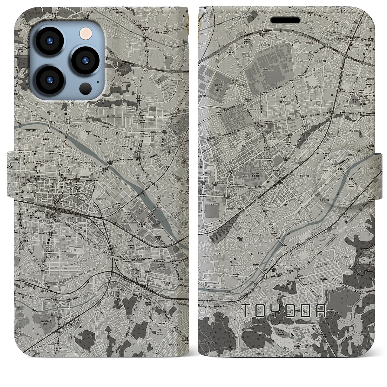 【豊田(東京都)】地図柄iPhoneケース(手帳タイプ)モノトーン・iPhone 13 Pro Max 用