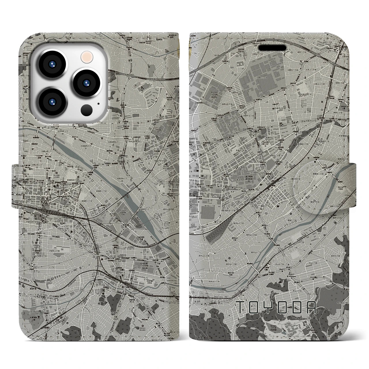 【豊田(東京都)】地図柄iPhoneケース(手帳タイプ)モノトーン・iPhone 13 Pro 用