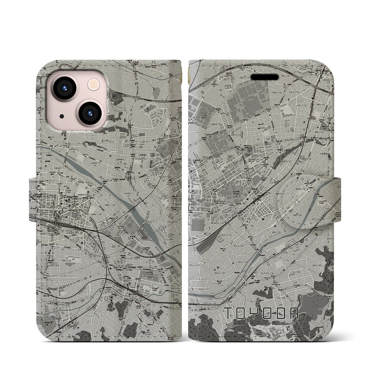 【豊田(東京都)】地図柄iPhoneケース(手帳タイプ)モノトーン・iPhone 13 mini 用