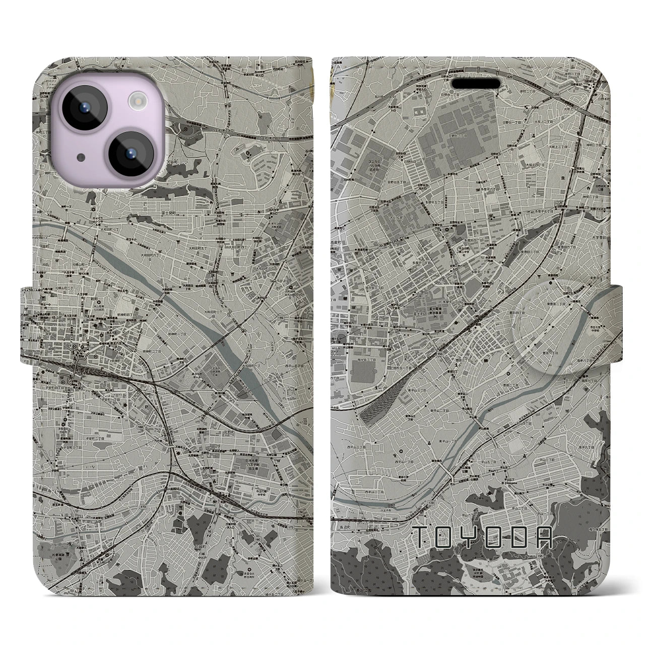 【豊田(東京都)】地図柄iPhoneケース(手帳タイプ)モノトーン・iPhone 14 用
