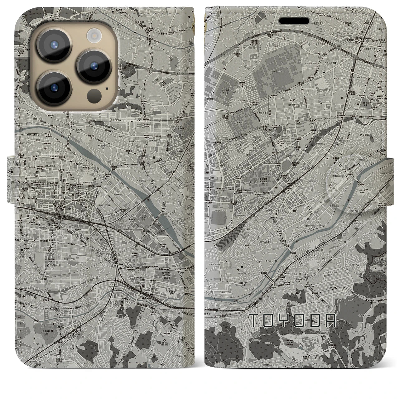 【豊田(東京都)】地図柄iPhoneケース(手帳タイプ)モノトーン・iPhone 14 Pro Max 用
