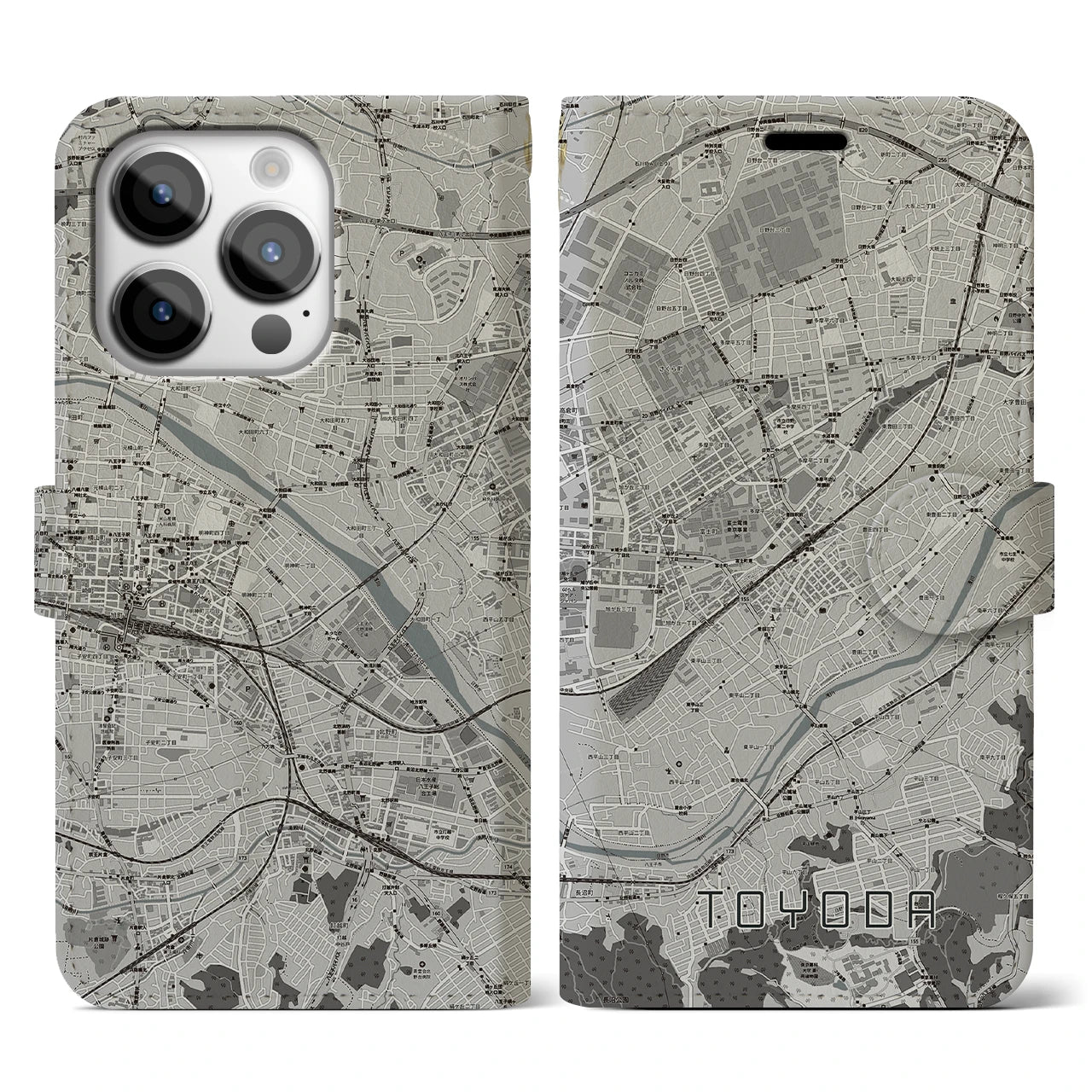 【豊田(東京都)】地図柄iPhoneケース(手帳タイプ)モノトーン・iPhone 14 Pro 用