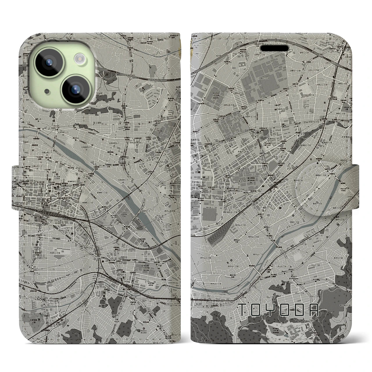 【豊田(東京都)】地図柄iPhoneケース(手帳タイプ)モノトーン・iPhone 15 用