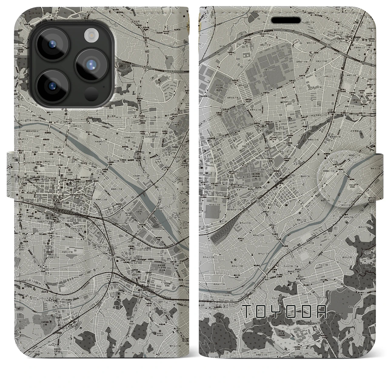 【豊田(東京都)】地図柄iPhoneケース(手帳タイプ)モノトーン・iPhone 15 Pro Max 用