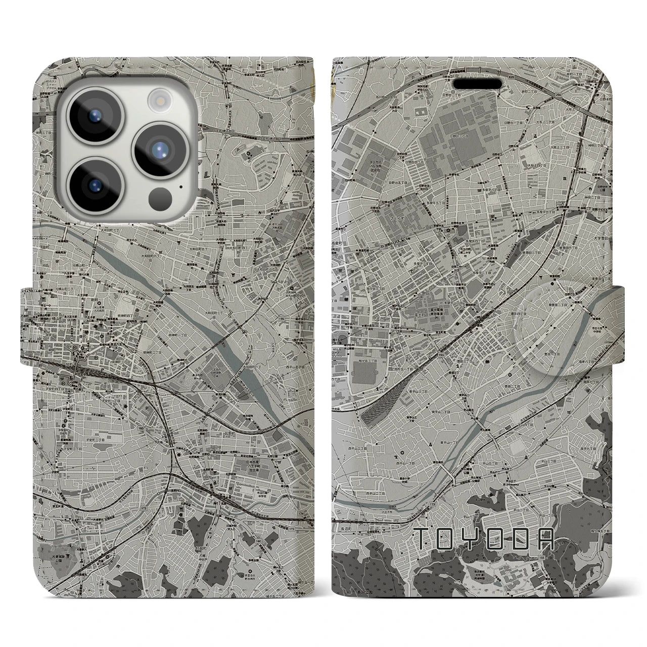 【豊田(東京都)】地図柄iPhoneケース(手帳タイプ)モノトーン・iPhone 15 Pro 用