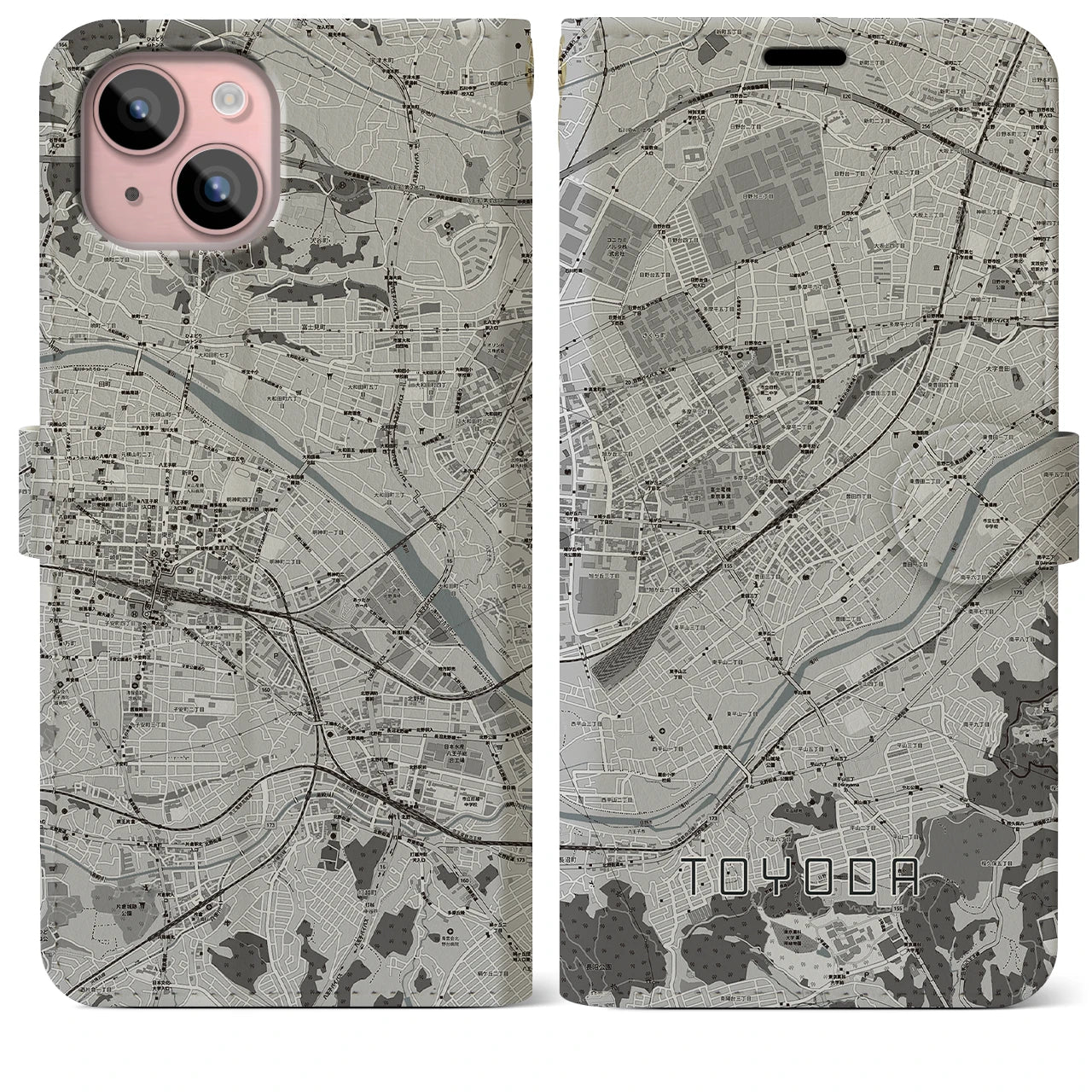 【豊田(東京都)】地図柄iPhoneケース(手帳タイプ)モノトーン・iPhone 15 Plus 用