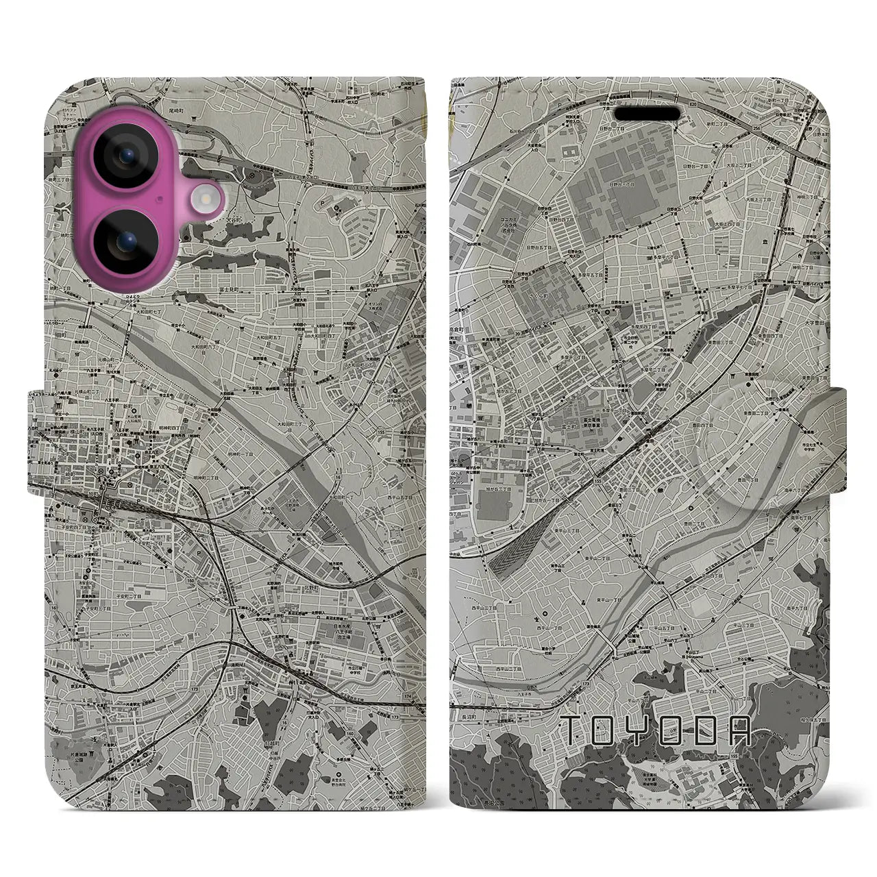 【豊田(東京都)】地図柄iPhoneケース(手帳タイプ)モノトーン・iPhone 16 Pro 用