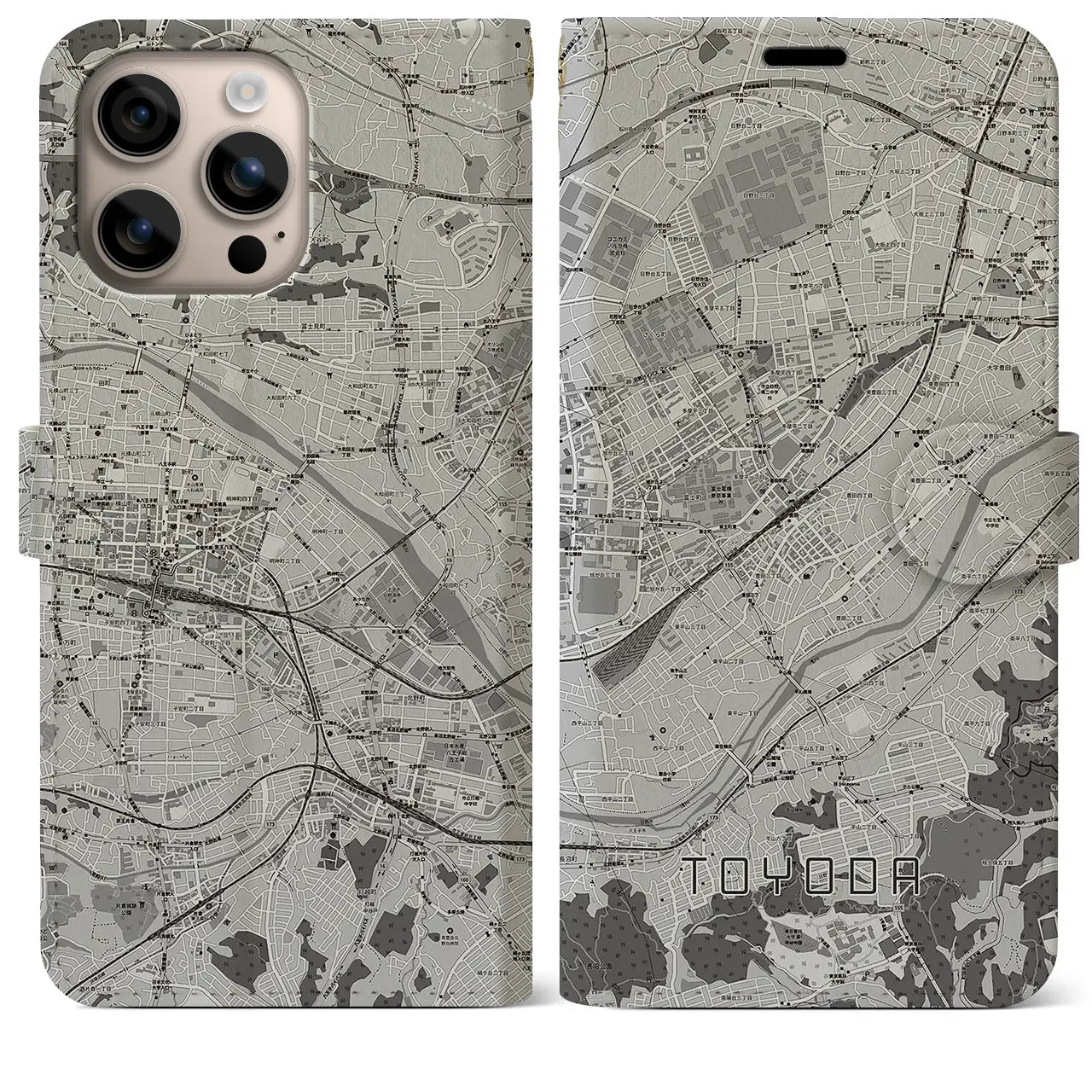 【豊田(東京都)】地図柄iPhoneケース(手帳タイプ)モノトーン・iPhone 16 Plus 用