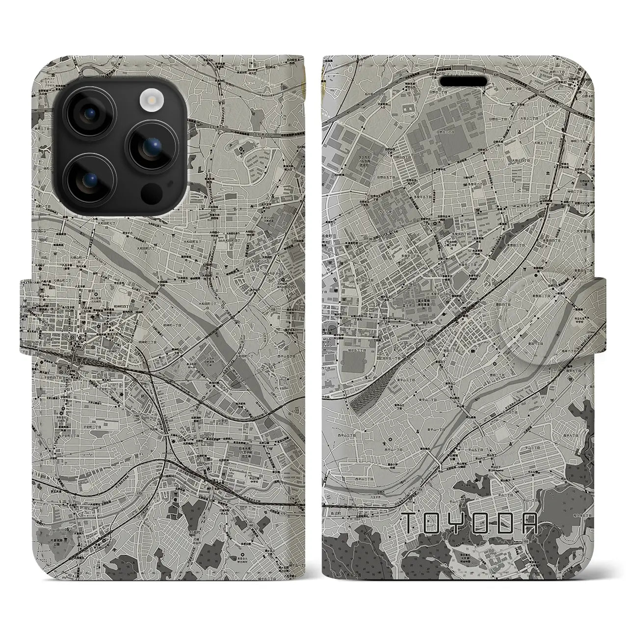 【豊田(東京都)】地図柄iPhoneケース(手帳タイプ)モノトーン・iPhone 16 用