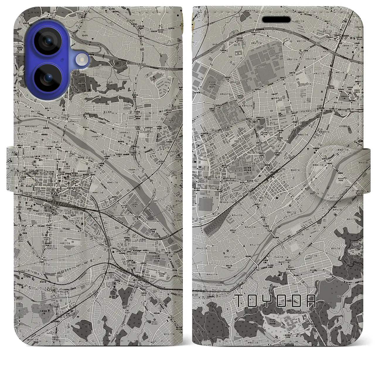 【豊田(東京都)】地図柄iPhoneケース(手帳タイプ)モノトーン・iPhone 16 Pro Max 用