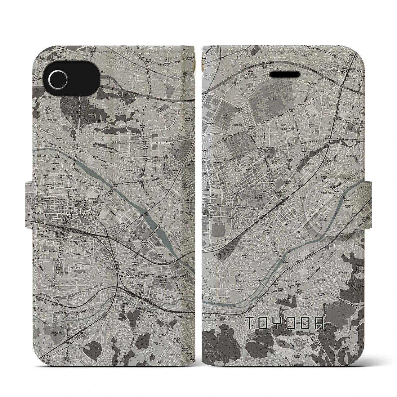【豊田(東京都)】地図柄iPhoneケース(手帳タイプ)モノトーン・iPhone SE(第3 / 第2世代) / 8 / 7 / 6s / 6 用
