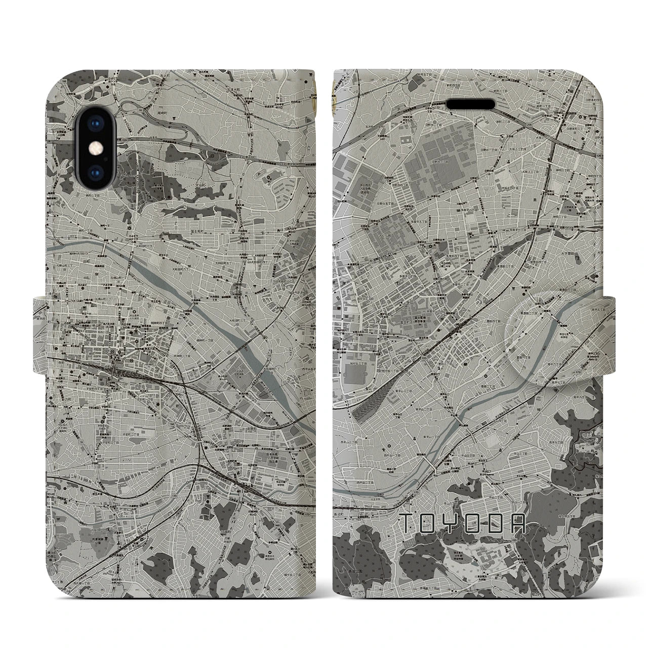 【豊田(東京都)】地図柄iPhoneケース(手帳タイプ)モノトーン・iPhone XS / X 用