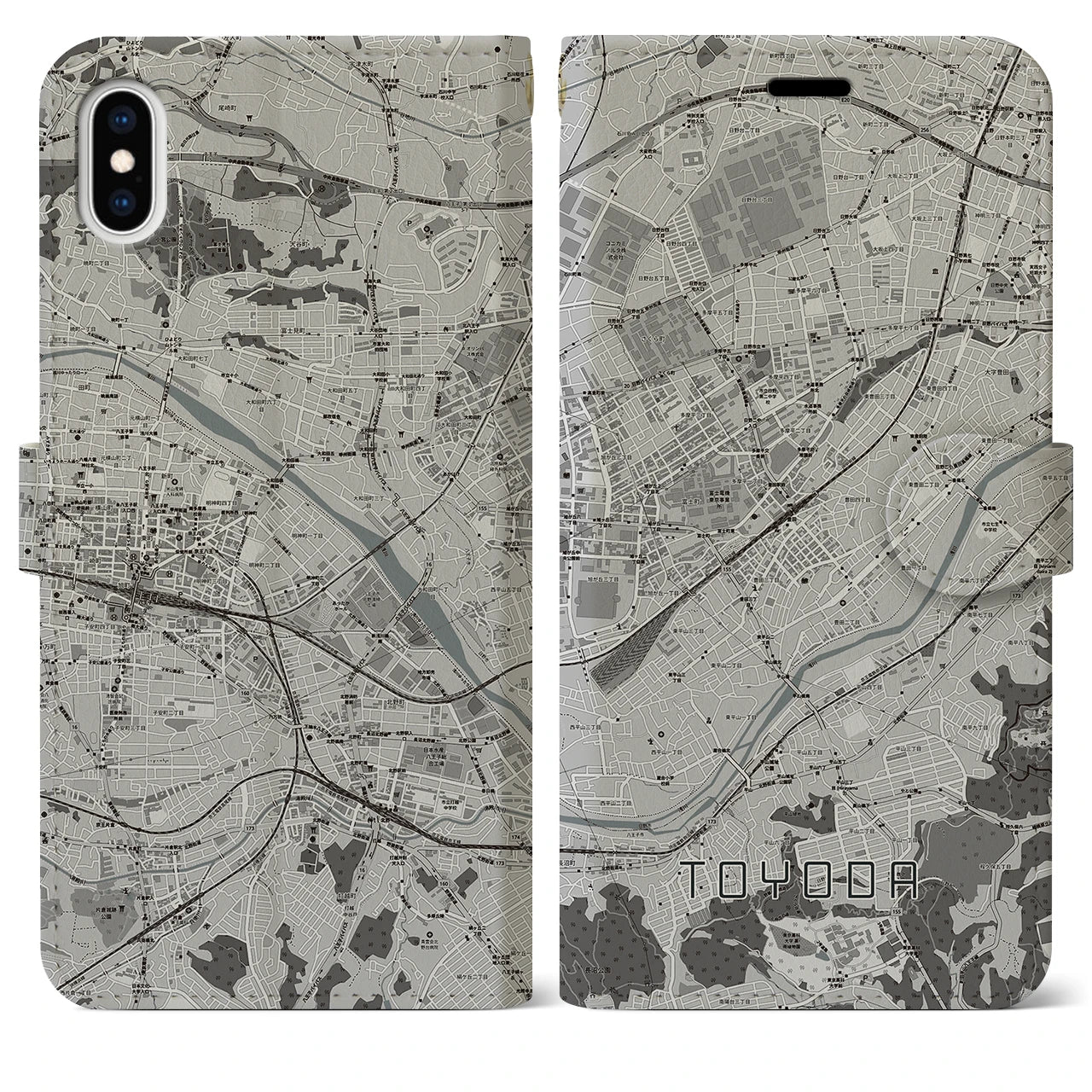 【豊田(東京都)】地図柄iPhoneケース(手帳タイプ)モノトーン・iPhone XS Max 用