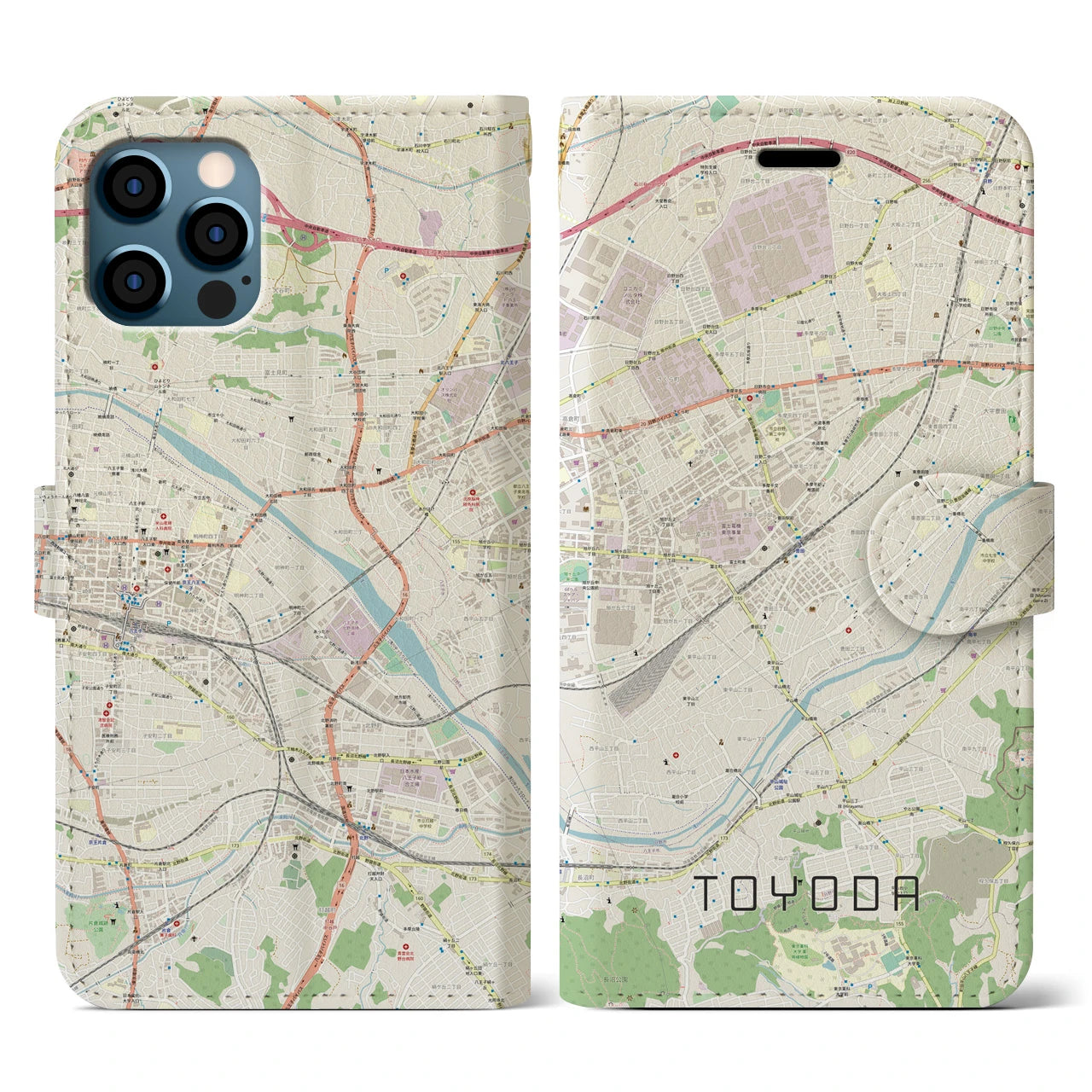 【豊田(東京都)】地図柄iPhoneケース(手帳タイプ)ナチュラル・iPhone 12 / 12 Pro 用