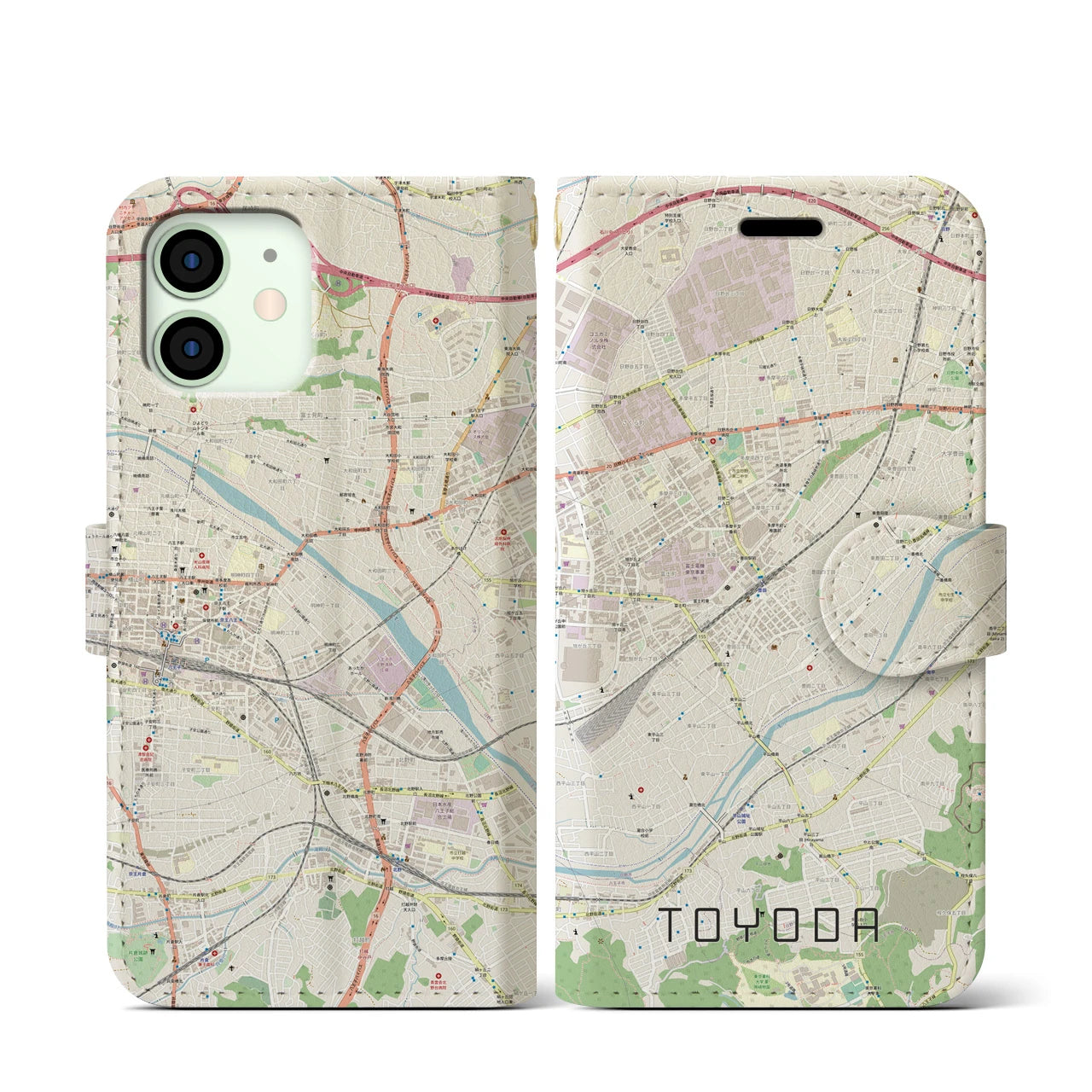 【豊田(東京都)】地図柄iPhoneケース(手帳タイプ)ナチュラル・iPhone 12 mini 用