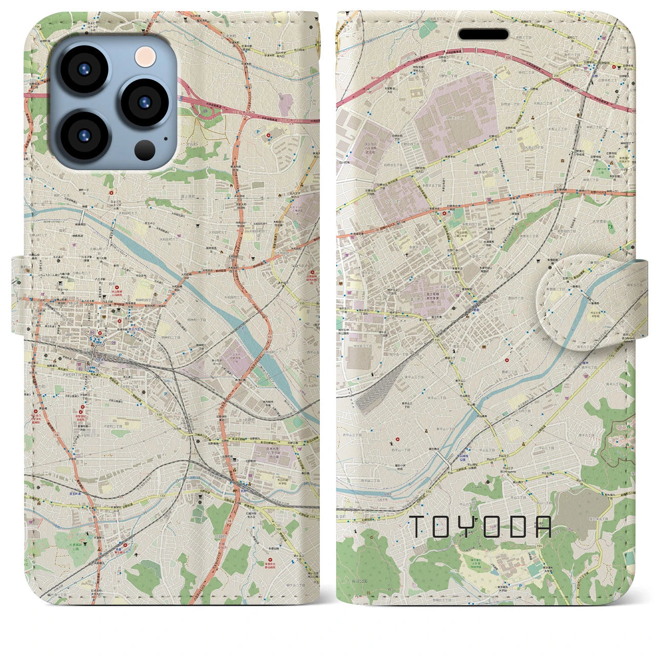 【豊田(東京都)】地図柄iPhoneケース(手帳タイプ)ナチュラル・iPhone 13 Pro Max 用