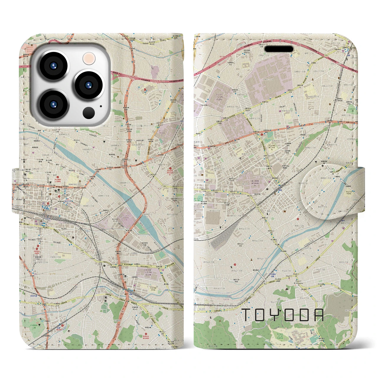 【豊田(東京都)】地図柄iPhoneケース(手帳タイプ)ナチュラル・iPhone 13 Pro 用