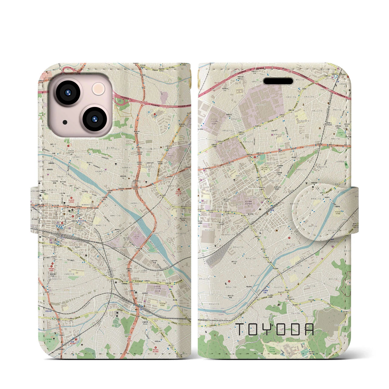 【豊田(東京都)】地図柄iPhoneケース(手帳タイプ)ナチュラル・iPhone 13 mini 用
