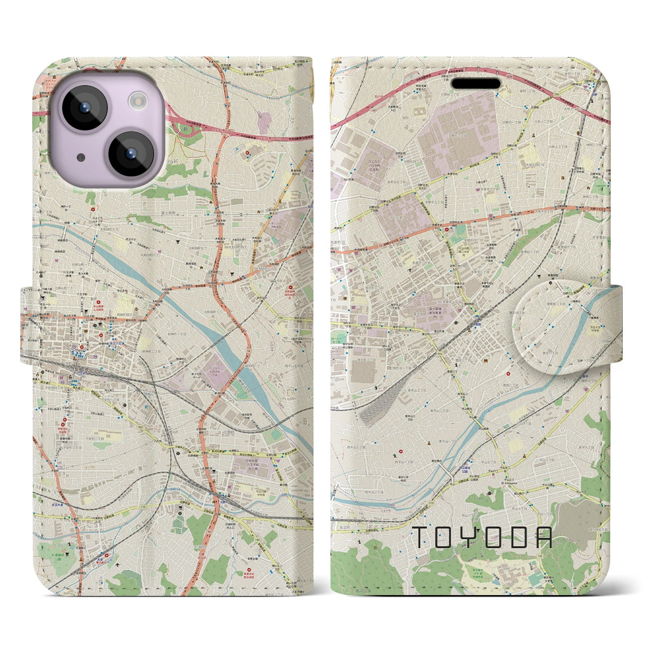 【豊田(東京都)】地図柄iPhoneケース(手帳タイプ)ナチュラル・iPhone 14 用