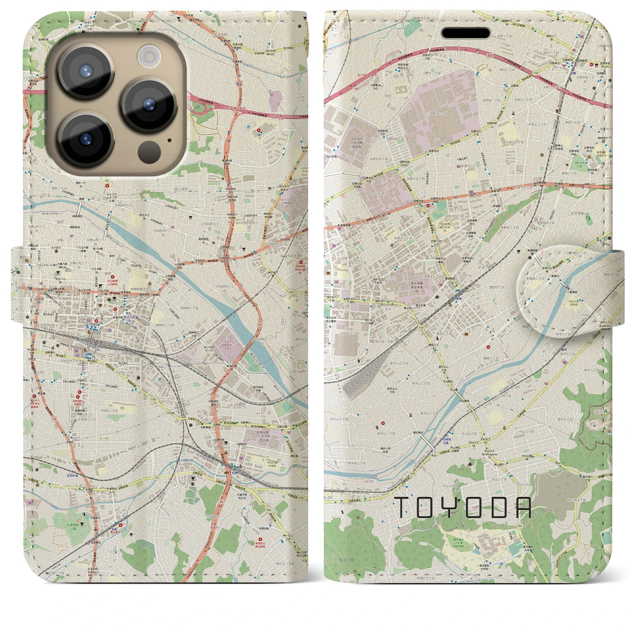 【豊田(東京都)】地図柄iPhoneケース(手帳タイプ)ナチュラル・iPhone 14 Pro Max 用