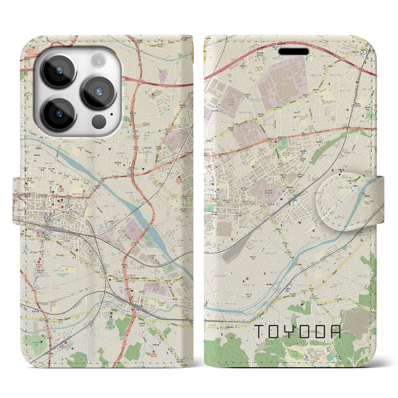 【豊田(東京都)】地図柄iPhoneケース(手帳タイプ)ナチュラル・iPhone 14 Pro 用