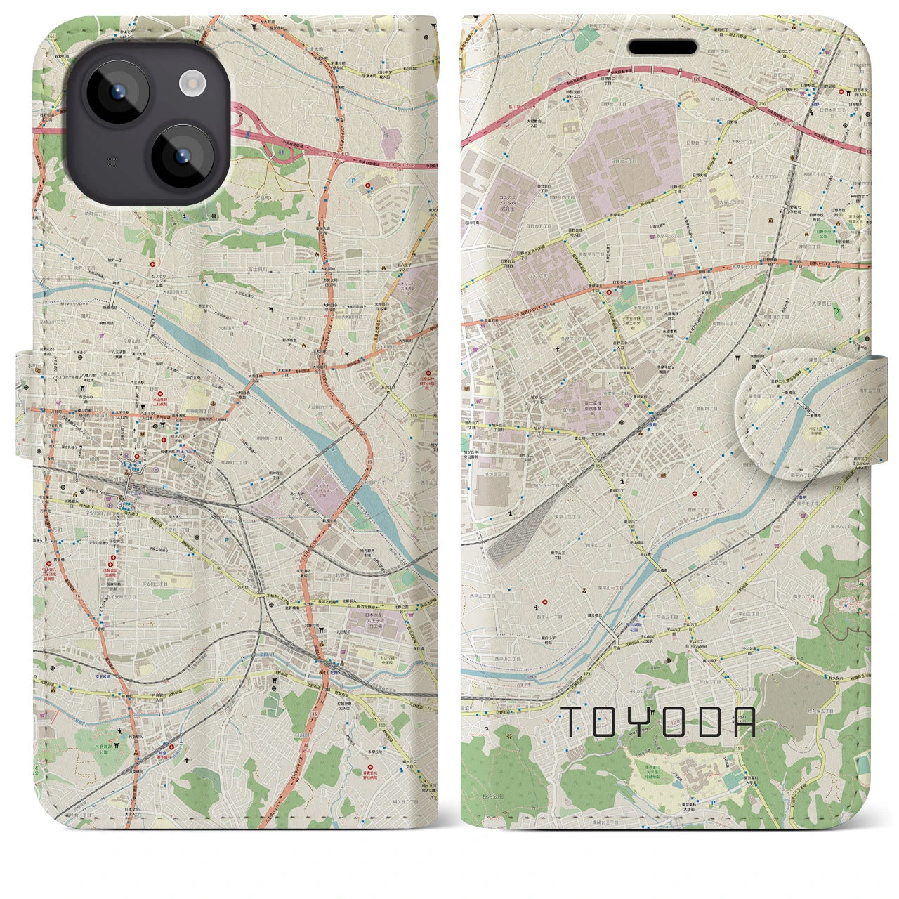 【豊田(東京都)】地図柄iPhoneケース(手帳タイプ)ナチュラル・iPhone 14 Plus 用