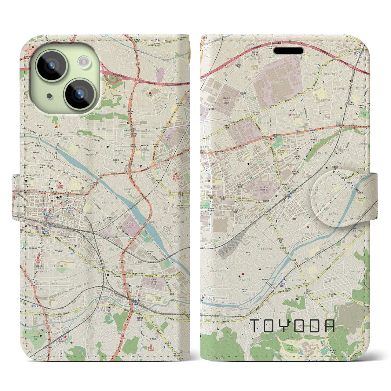 【豊田(東京都)】地図柄iPhoneケース(手帳タイプ)ナチュラル・iPhone 15 用