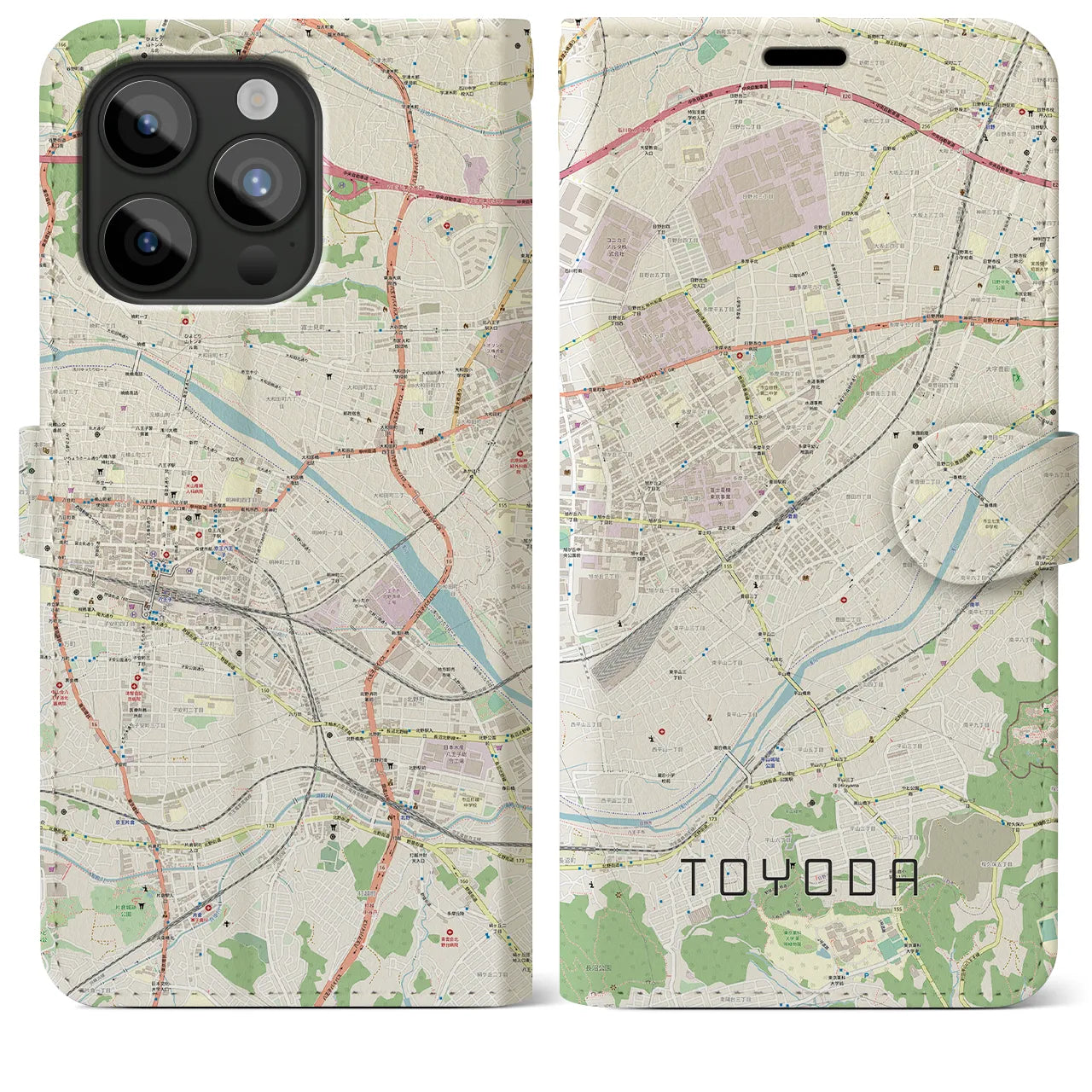 【豊田(東京都)】地図柄iPhoneケース(手帳タイプ)ナチュラル・iPhone 15 Pro Max 用