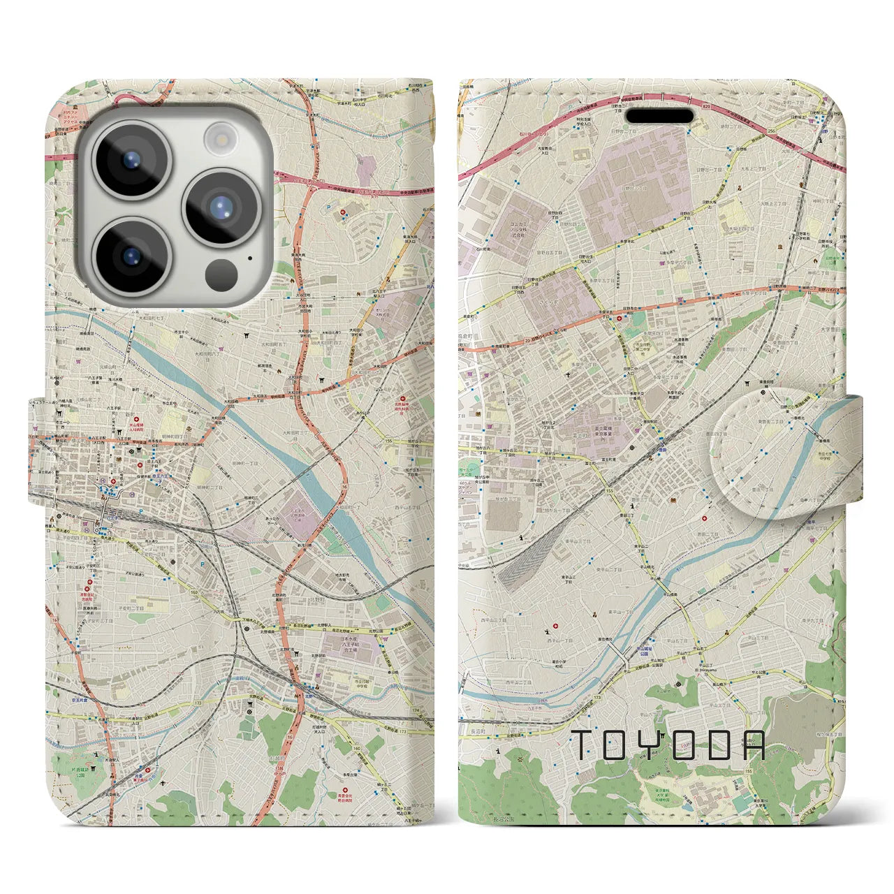 【豊田(東京都)】地図柄iPhoneケース(手帳タイプ)ナチュラル・iPhone 15 Pro 用