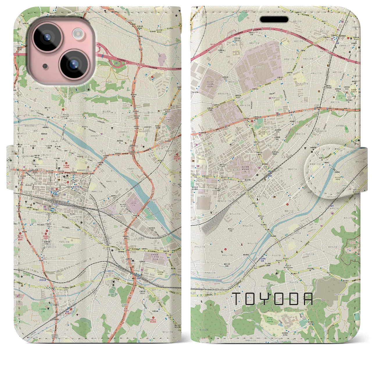 【豊田(東京都)】地図柄iPhoneケース(手帳タイプ)ナチュラル・iPhone 15 Plus 用