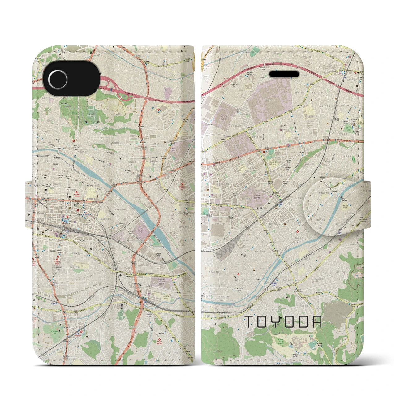 【豊田(東京都)】地図柄iPhoneケース(手帳タイプ)ナチュラル・iPhone SE(第3 / 第2世代) / 8 / 7 / 6s / 6 用