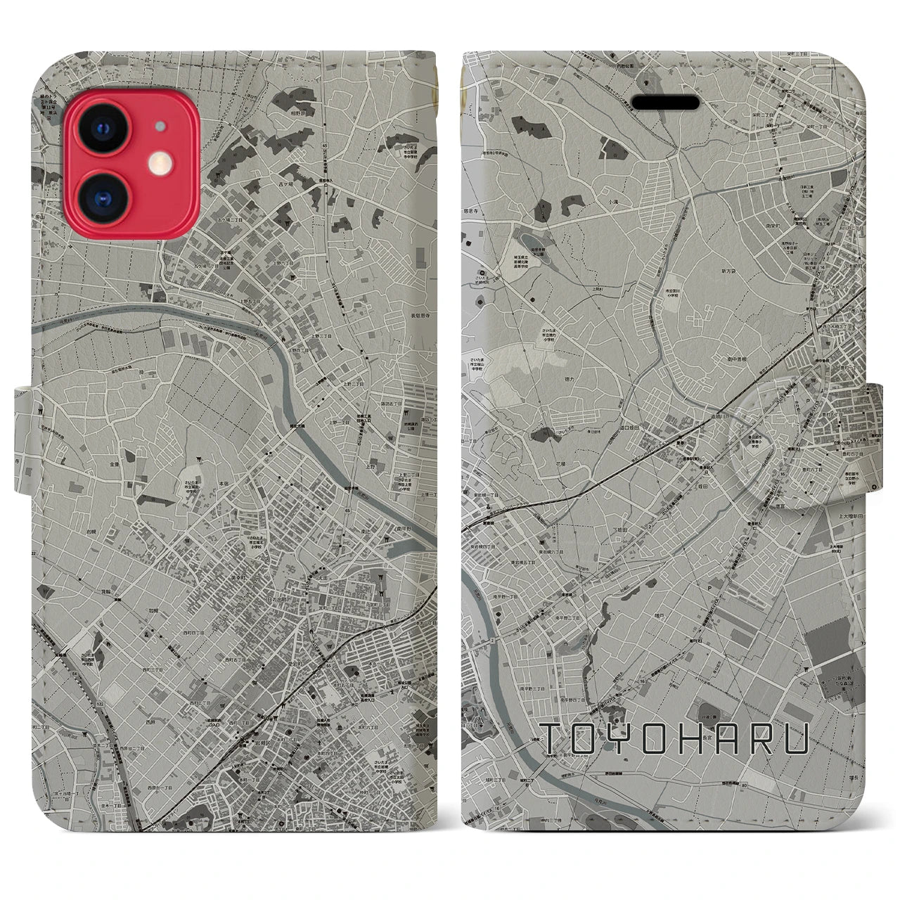 【豊春(埼玉県)】地図柄iPhoneケース(手帳タイプ)モノトーン・iPhone 11 用