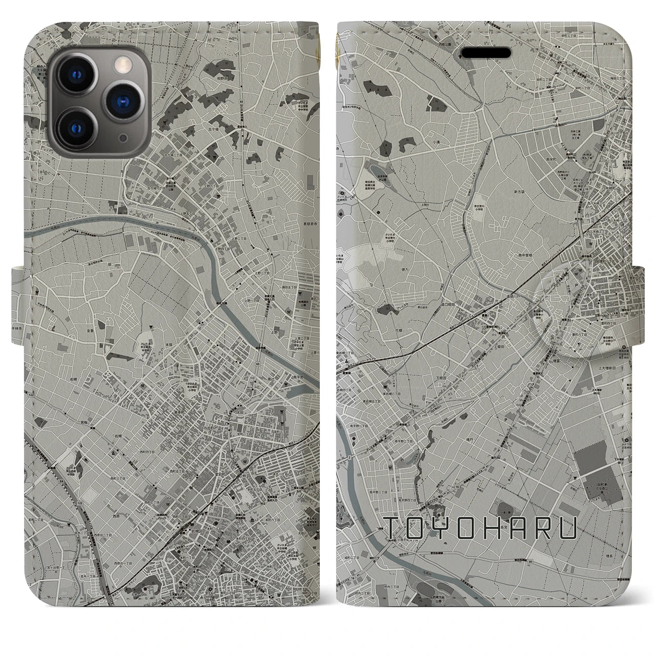 【豊春(埼玉県)】地図柄iPhoneケース(手帳タイプ)モノトーン・iPhone 11 Pro Max 用