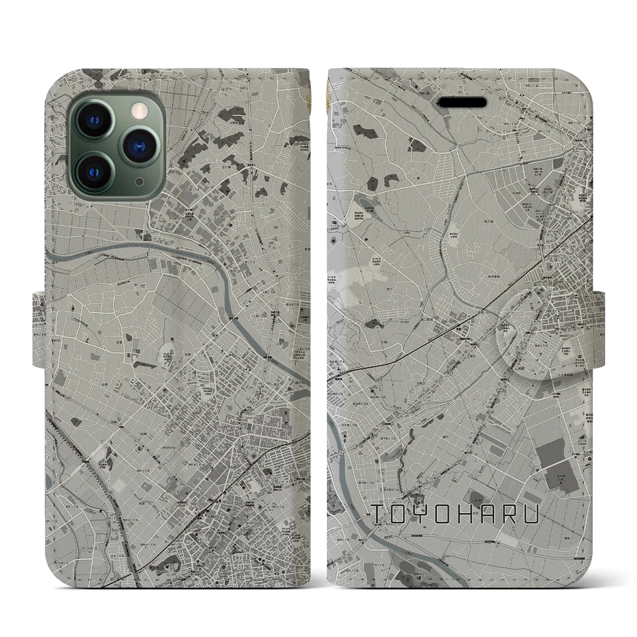 【豊春(埼玉県)】地図柄iPhoneケース(手帳タイプ)モノトーン・iPhone 11 Pro 用