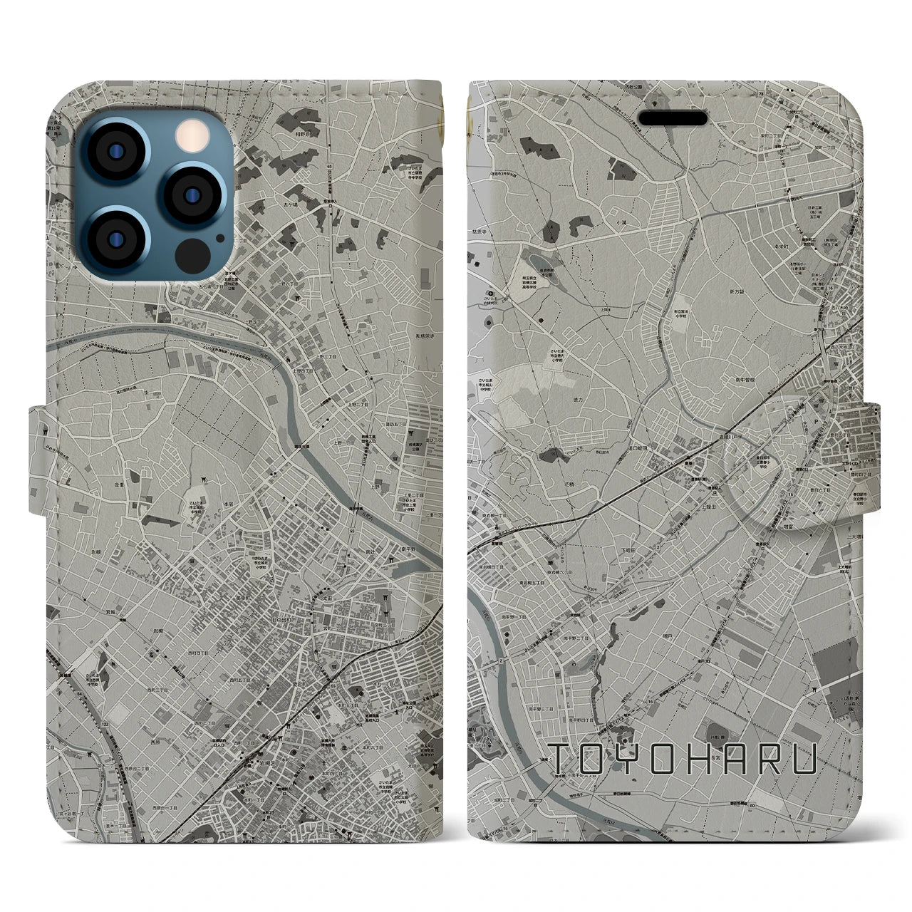 【豊春(埼玉県)】地図柄iPhoneケース(手帳タイプ)モノトーン・iPhone 12 / 12 Pro 用