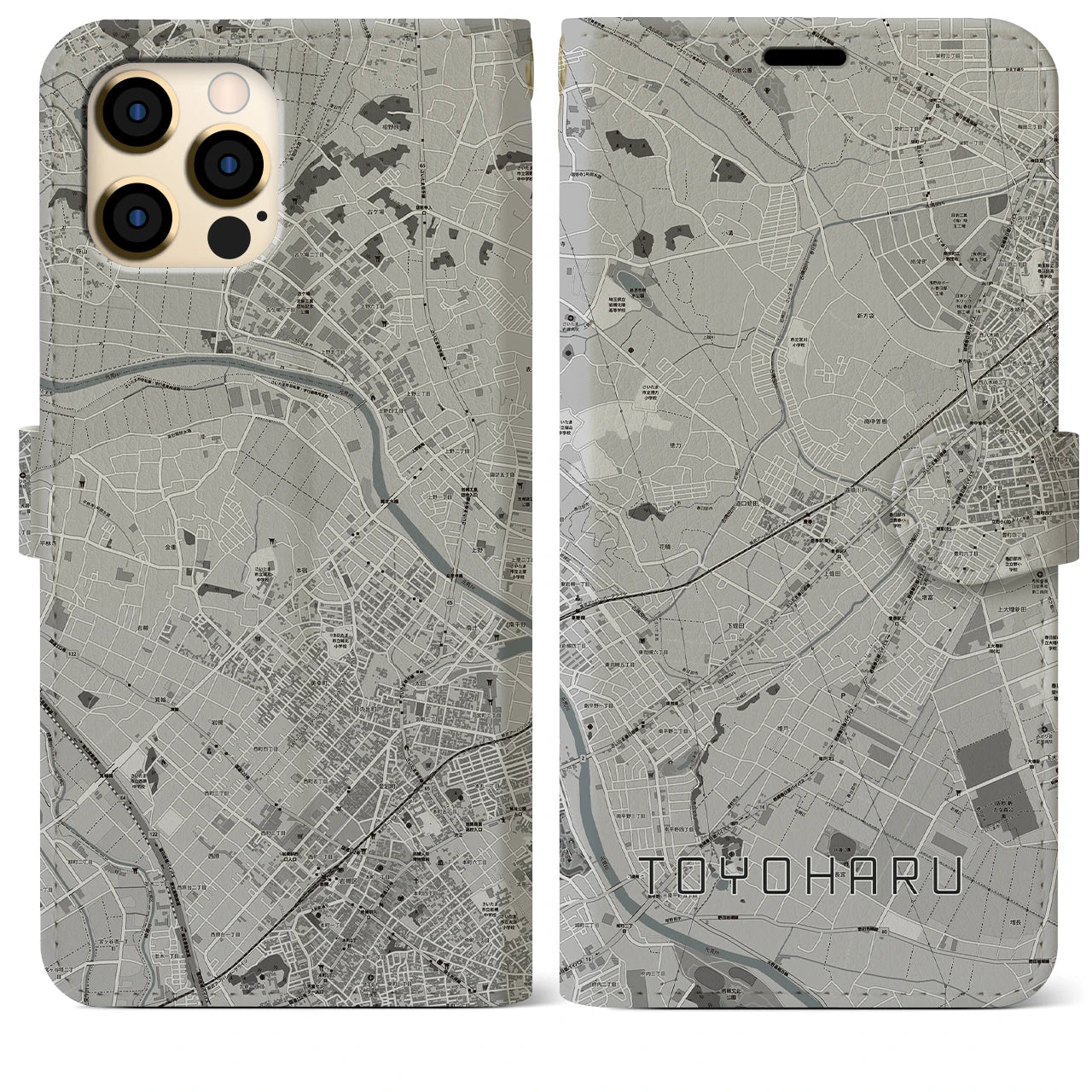 【豊春(埼玉県)】地図柄iPhoneケース(手帳タイプ)モノトーン・iPhone 12 Pro Max 用