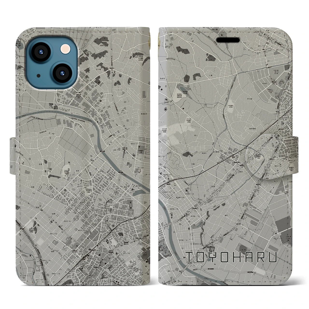 【豊春(埼玉県)】地図柄iPhoneケース(手帳タイプ)モノトーン・iPhone 13 用