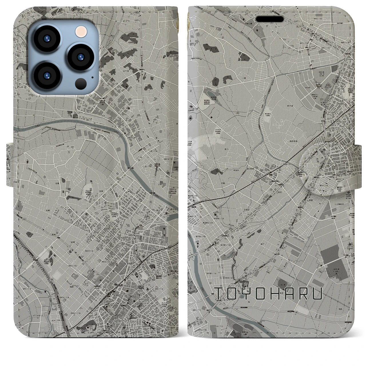 【豊春(埼玉県)】地図柄iPhoneケース(手帳タイプ)モノトーン・iPhone 13 Pro Max 用