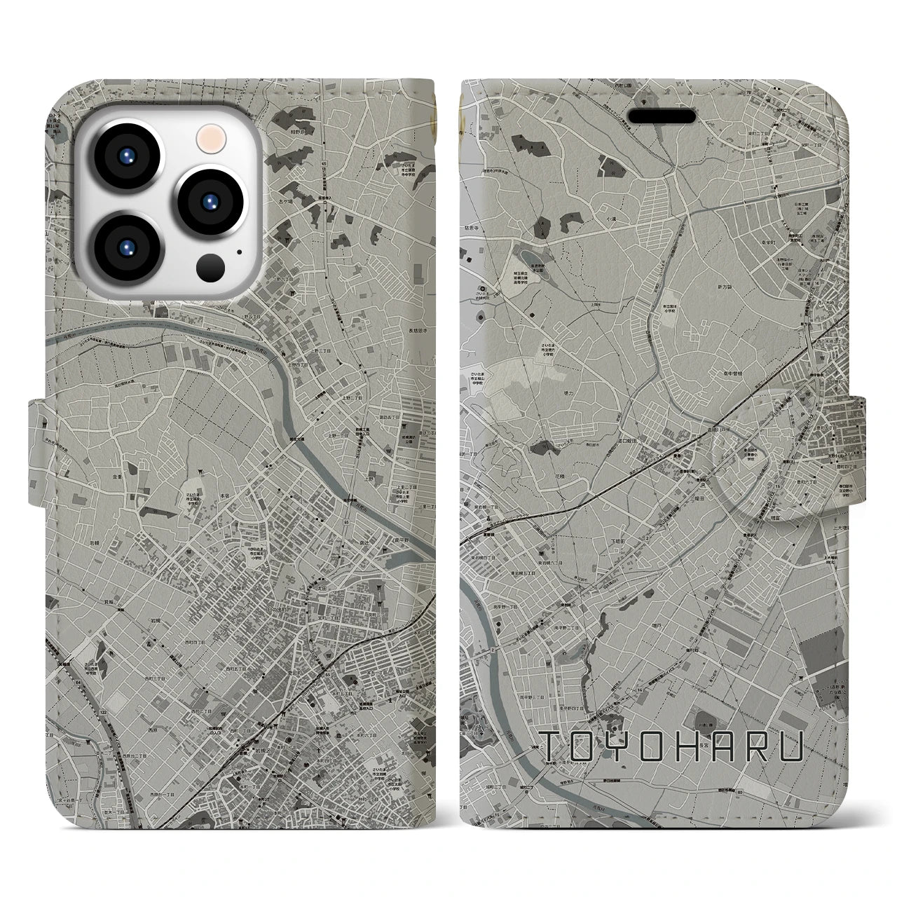 【豊春(埼玉県)】地図柄iPhoneケース(手帳タイプ)モノトーン・iPhone 13 Pro 用