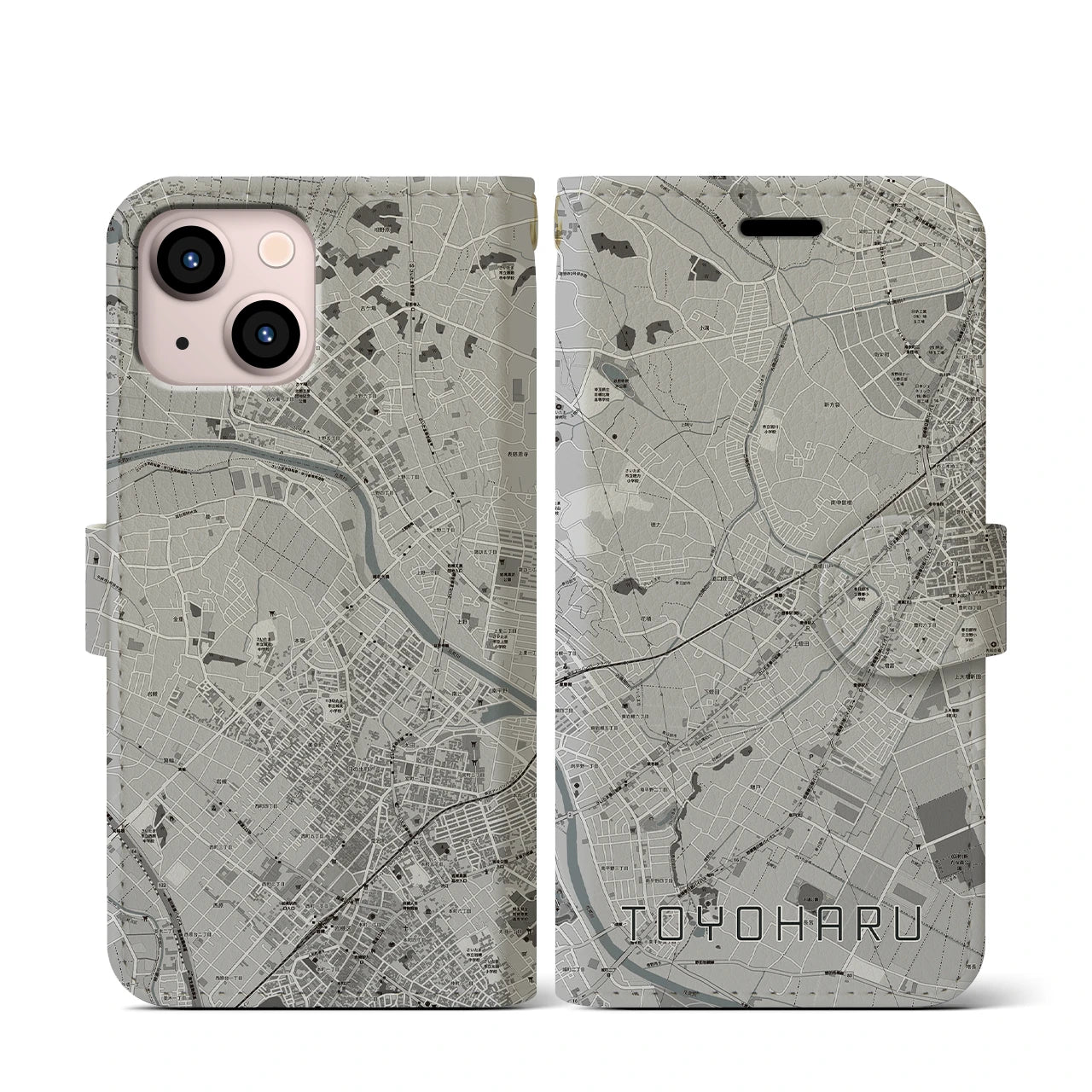 【豊春(埼玉県)】地図柄iPhoneケース(手帳タイプ)モノトーン・iPhone 13 mini 用