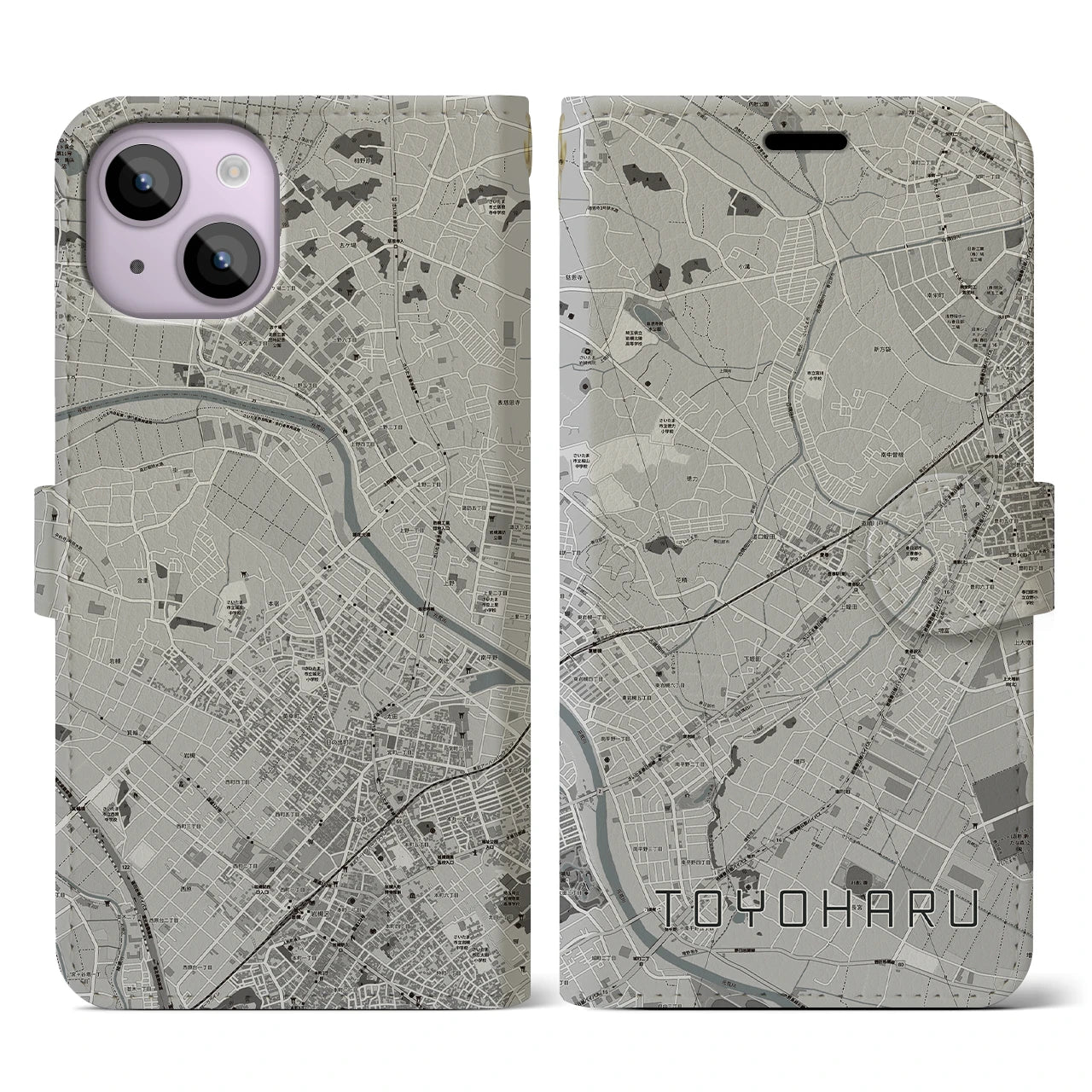 【豊春(埼玉県)】地図柄iPhoneケース(手帳タイプ)モノトーン・iPhone 14 用