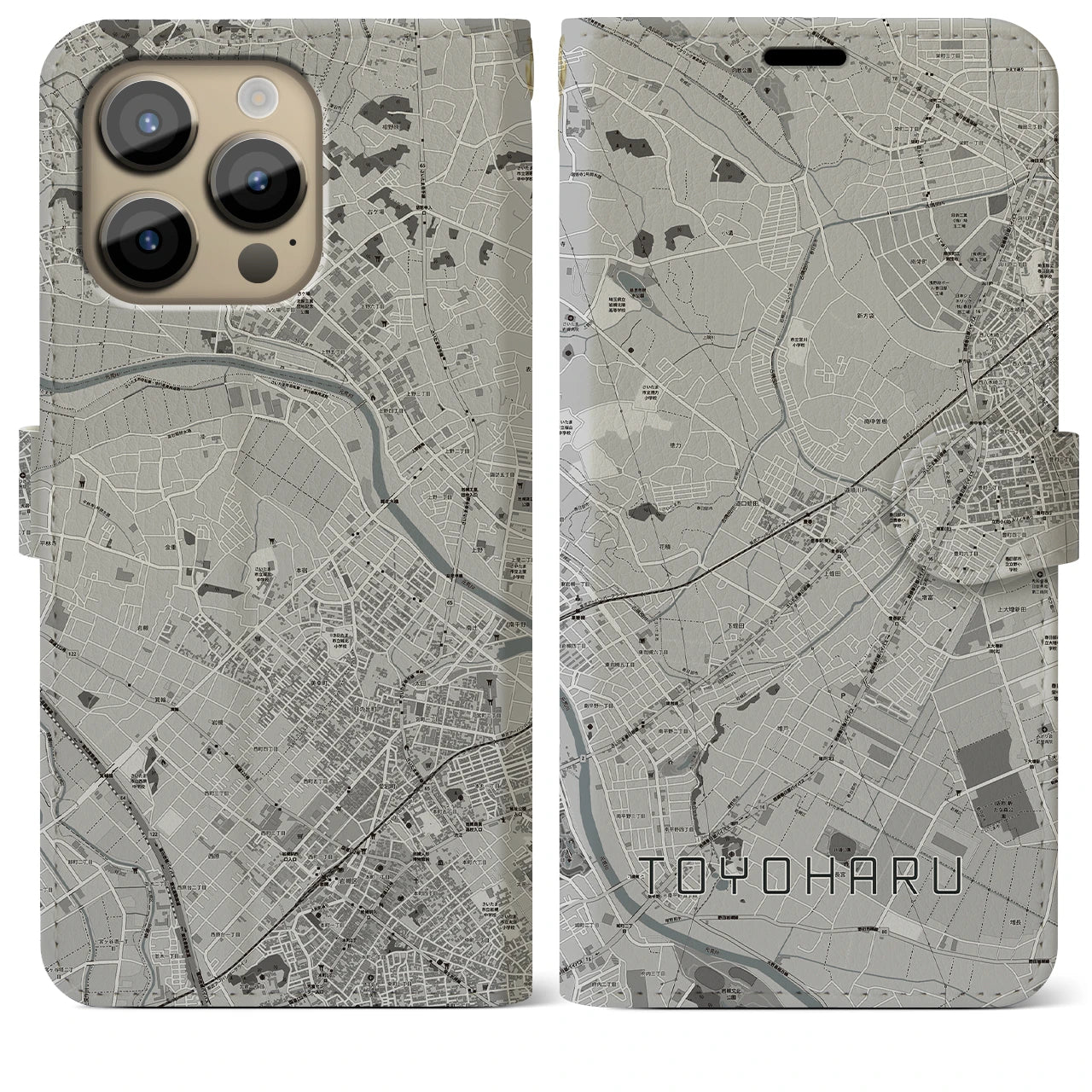 【豊春(埼玉県)】地図柄iPhoneケース(手帳タイプ)モノトーン・iPhone 14 Pro Max 用