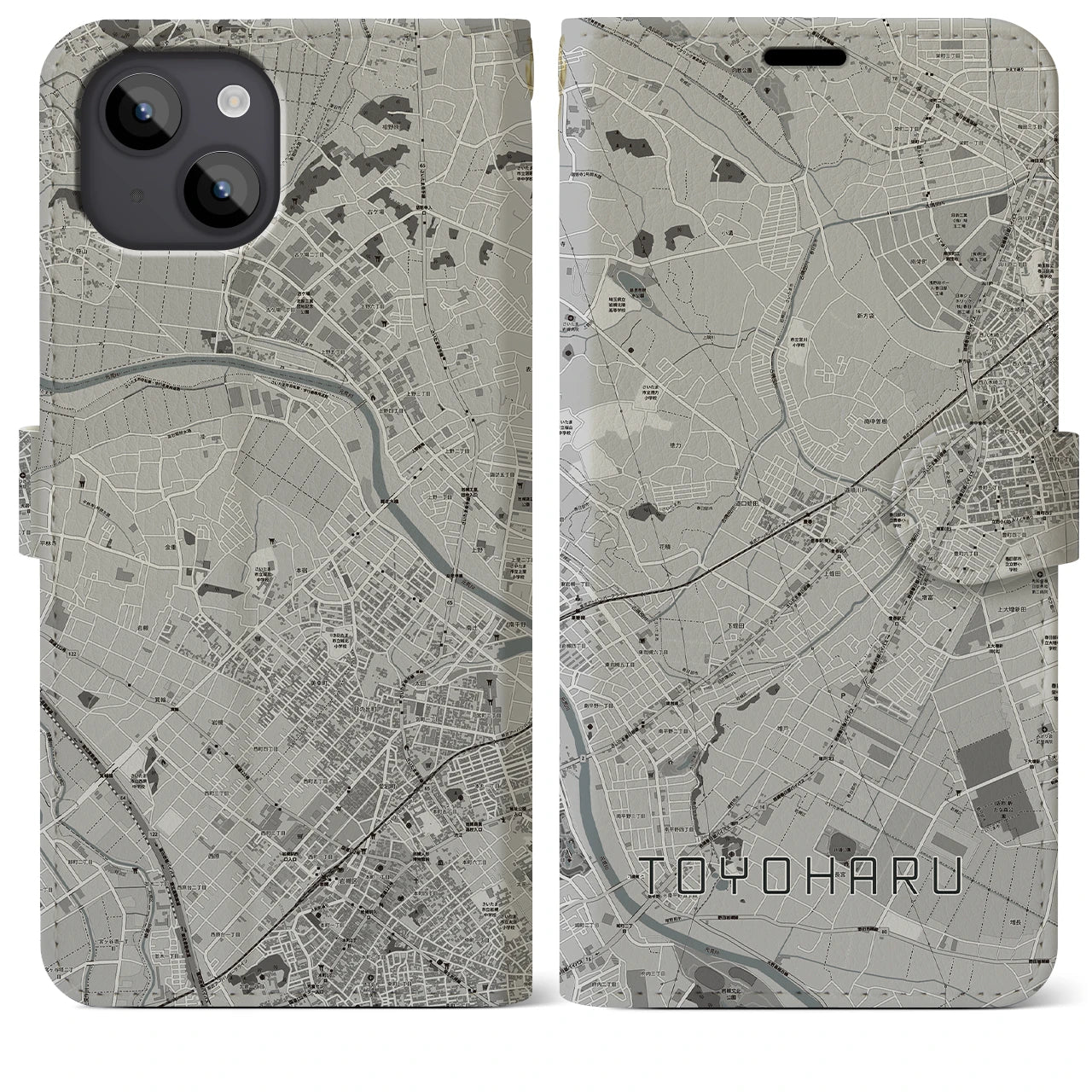 【豊春(埼玉県)】地図柄iPhoneケース(手帳タイプ)モノトーン・iPhone 14 Plus 用