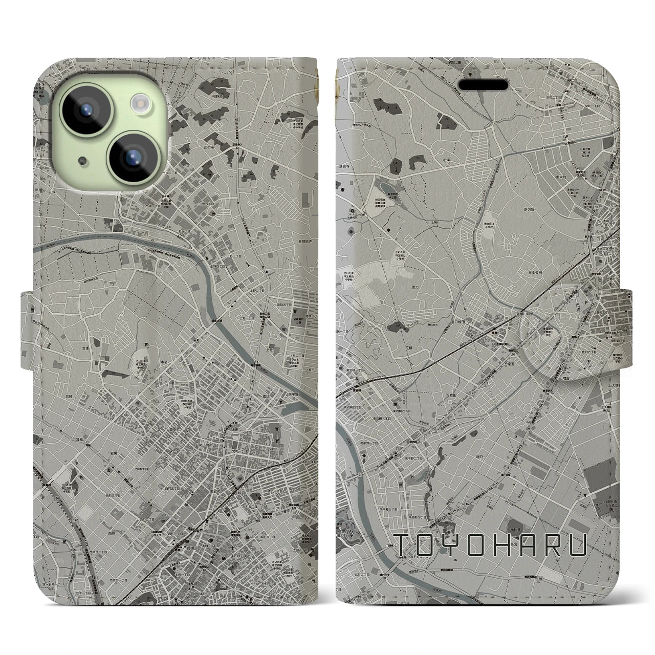 【豊春(埼玉県)】地図柄iPhoneケース(手帳タイプ)モノトーン・iPhone 15 用
