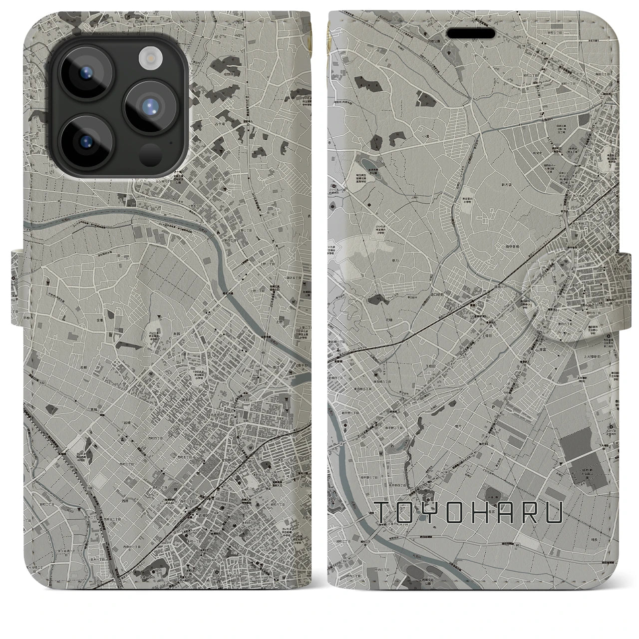 【豊春(埼玉県)】地図柄iPhoneケース(手帳タイプ)モノトーン・iPhone 15 Pro Max 用