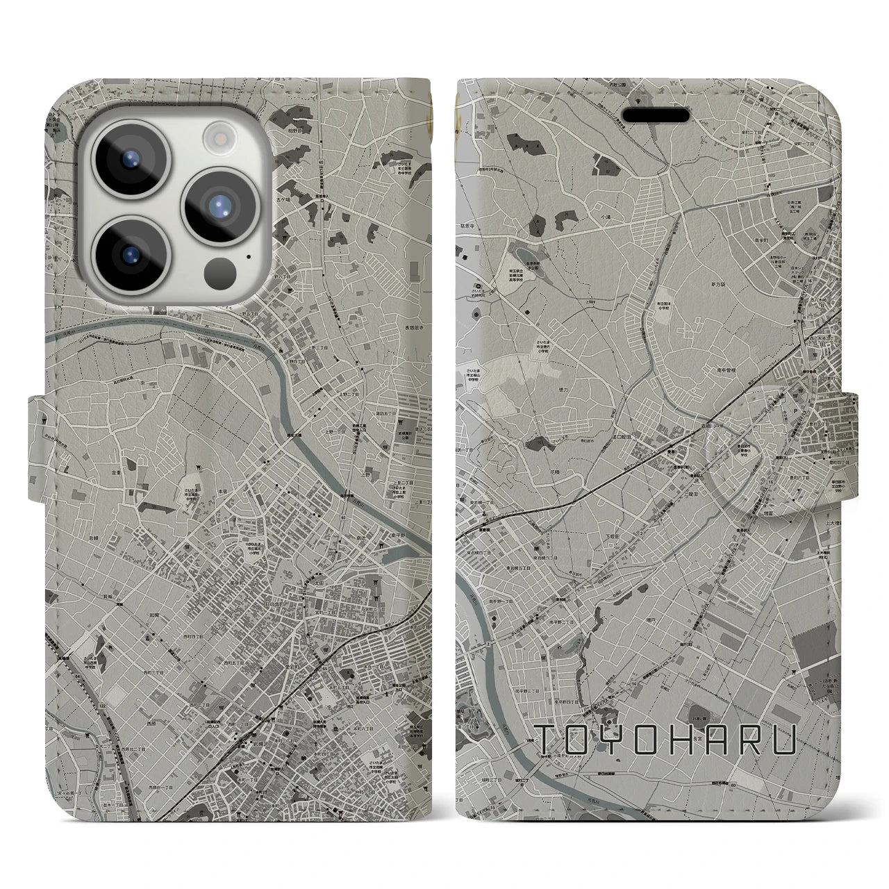 【豊春(埼玉県)】地図柄iPhoneケース(手帳タイプ)モノトーン・iPhone 15 Pro 用